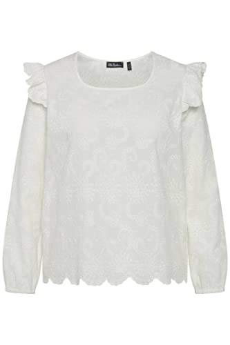 Ulla Popken Damska bluzka duże rozmiary plus size, falbanka, dekolt carree, długi rękaw 813462, śnieżnobiały, 58-60