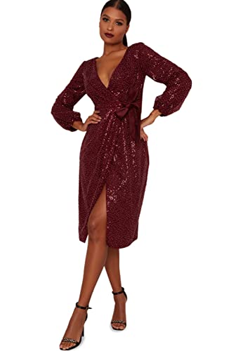 Chi Chi London 1772BUR Damska sukienka na imprezę midi z cekinami w kolorze czerwonego koktajlu, bordowa, 14, Burgund, 40