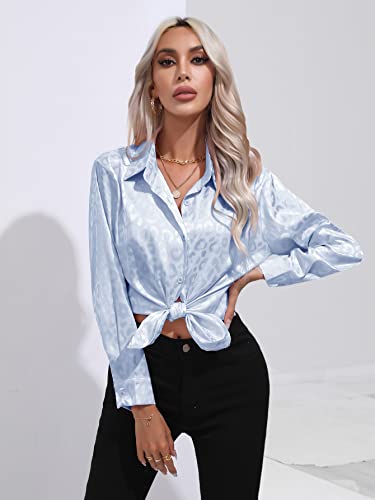 Clotth Damska koszula satynowa w leopard, koszula z długim rękawem z satynowego jedwabiu Button Down Shirt, Jasnoniebieski-l, L
