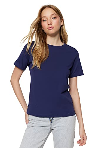 Trendyol Damska koszulka z dzianiny o regularnym kroju z okrągłym dekoltem, granatowy, S