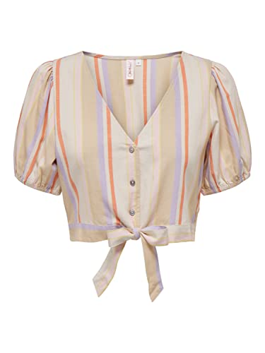 ONLY Damska bluzka koszulowa Onltine Ss Knot Button Top WVN, Whitecap Gray/Stripes:pruple + pomarańczowa peel+ irlandzka C, M