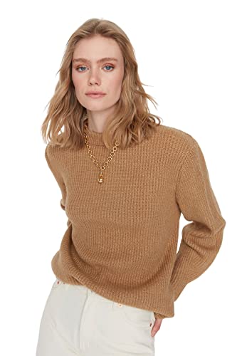 Trendyol Damski sweter z dzianiny oversize z okrągłym dekoltem, Wielbłądzi, M