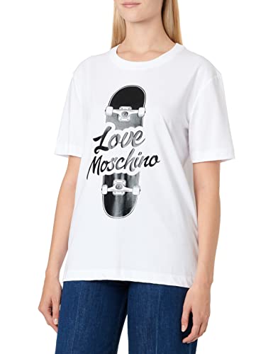 Love Moschino Damska koszulka z krótkim rękawem o regularnym kroju z błyszczącym nadrukiem na deskorolce, optical white, 42