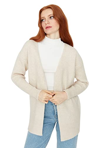 Trendyol Damski kołnierz z klapą gładki luźny sweter kardigan, kamień, S, KAMIEŃ, S