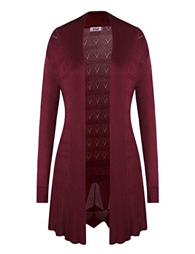 Irevial Letni kardigan damski, długi, cienki sweter z lekką przezroczystością, z długim rękawem, czerwone wino, M