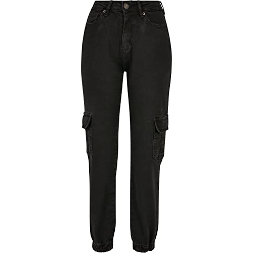 Urban Classics Damskie spodnie z bawełny organicznej z naszytymi kieszeniami, damskie spodnie cargo w 4 kolorach, rozmiary 26-34, Black washed, 32