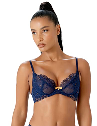 Gossard Superboost Koronkowy nieusztywniany biustonosz plunge Midnight Niebieski/Złoty 36F, Niebieski (Midnight Blue) / złoty, 80F