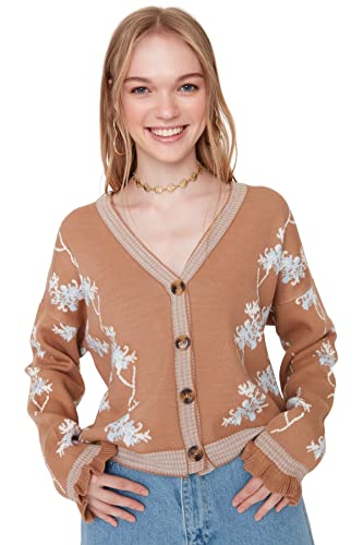 Trendyol Damski standardowy standardowy kardigan z dzianiny z dekoltem w serek, Brązowy, M