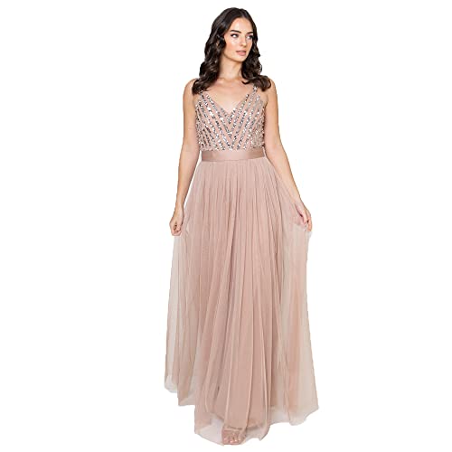 Maya Deluxe Damska sukienka maxi Maya bez rękawów w paski zdobiona sukienka maxi na studniówkę, taupe Blush, 12