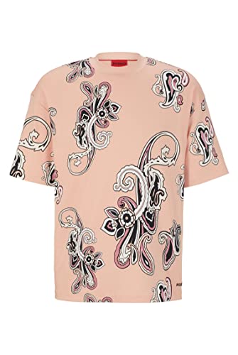HUGO Męski T-shirt Dackenzie z bawełny Interlock z dużym nadrukiem Paisley, Light/Pastel Red630, XXL