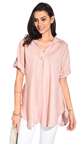 Bonateks damska top 100% lniana tunika Made in Italy, bluzka z dekoltem w serek i długim rękawem, satyna, rozmiar: L, Satyna, L