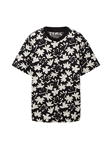 TOM TAILOR Denim Męski T-shirt z nadrukiem kwiatowym, 31906 - Black White Wildflower Print, L