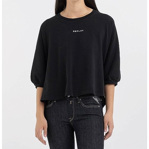 Replay Damska koszulka z długim rękawem oversize, 098 BLACK, L