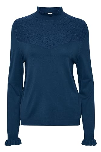 Damska bluzka z dzianiny długie rękawy Mock Neck Regular Fit Frill Details, Gibraltar Sea, M