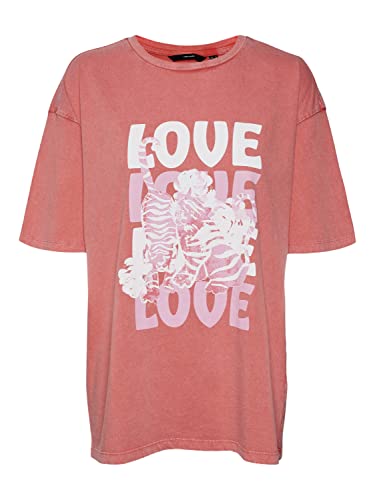 VERO MODA Women's VMDUACODY SS Long TOP JRS T-Shirt, Bittersweet/Print:Love Tiger, L, Bittersweet/nadruk: love Tiger, L