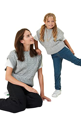 TRENDYOL Damska kamizelka z okrągłym dekoltem, jednokolorowa, regularna, dzianinowa, Sweater, szara, 5-6 lat, szary
