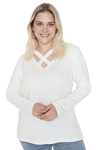 Trendyol Damska bluza z okrągłym dekoltem, jednokolorowa, regularna, plus size, Ecru, XXL, Ecru
