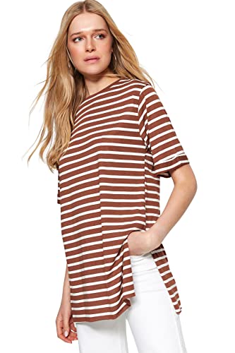 Trendyol Damska koszulka oversize basic z okrągłym dekoltem, Brązowy, L