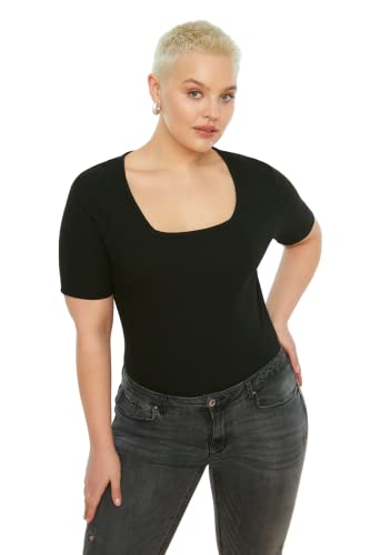 Trendyol Damska koszulka plus size regularna podstawowa z kwadratowym kołnierzem z dzianiny plus size, Czarny, 4XL Duże Rozmiary