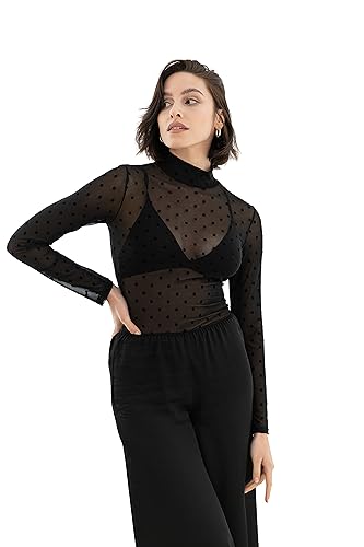 Oh!Zuza Damski top z rolowanym dekoltem w kropki H43, czarny, rozmiar L, czarny, L