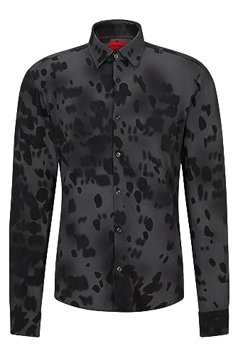 HUGO Ermo Slim-Fit męska koszula z płótna z nadrukiem sezonu, Dark Grey28., S