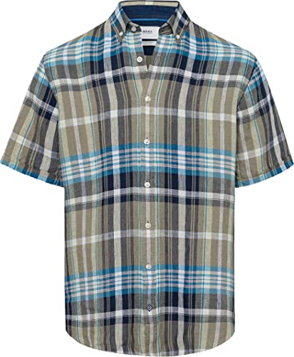 BRAX Męska koszula z krótkim rękawem Dan C Pure Linen w kratkę z krótkim rękawem lniana koszula, HAY, M, Hay, M