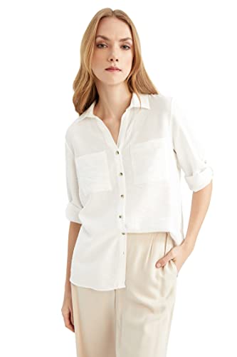 DeFacto Koszula damska z tkaniny bawełnianej z długimi rękawami, écru, S