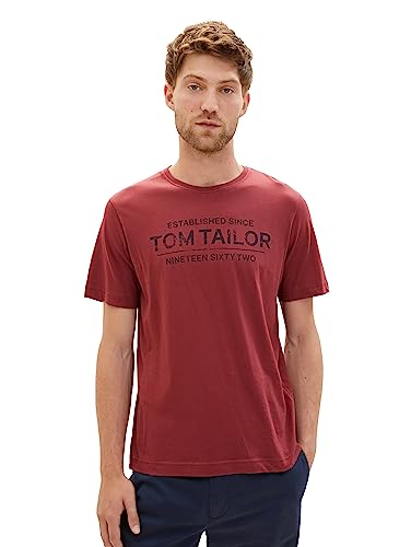 TOM TAILOR Męski T-shirt z nadrukiem logo, 32220 - Burned Bordeaux Red, XL