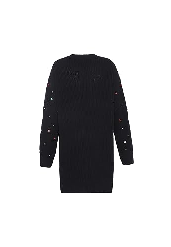 faina Damski sweter z dzianiny średniej długości z nieregularnymi nitami i wzorem w romby, czarny, rozmiar XS/S, czarny, XL