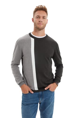 Trendyol Męska bluza z okrągłym dekoltem Colorblock Slim sweter, antracytowa, S, Antracyt, S