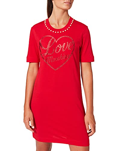 Love Moschino Damska koszulka o regularnym kroju z krótkim rękawem, trymed with Pearls Around The Neckline Casual Dress, czerwony, 34