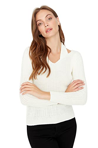 Trendyol Damski sweter z dzianiny slim basic z dekoltem w serek, Ecru, L