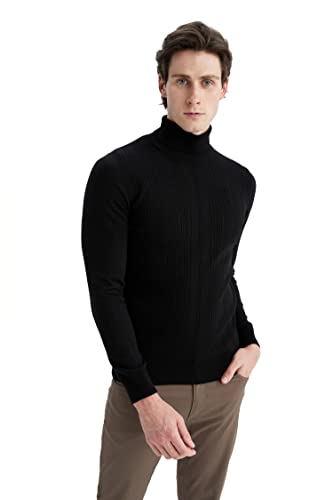 DeFacto Męski sweter z dzianiny z długim rękawem okrągły dekolt - slim fit sweter dla mężczyzn topy (czarny, S), czarny, S