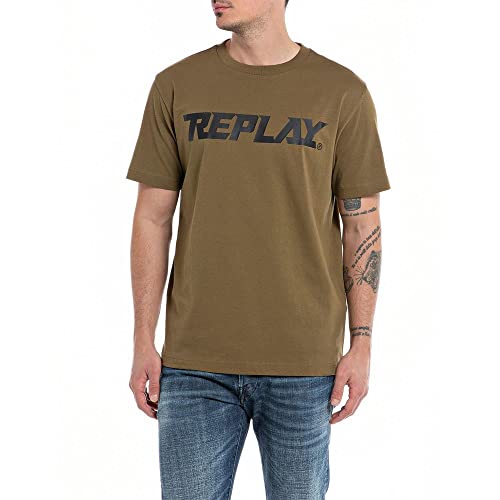 Replay Męski T-shirt z krótkim rękawem, okrągły dekolt, logo, zielony (Army Green 238), XL, Army Green 238, XL