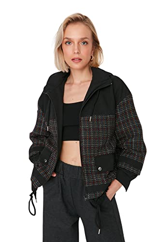 TRENDYOL Damski czarny tweedowy materiał z kapturem, ponadwymiarowy płaszcz Mont Coat, czarny, S