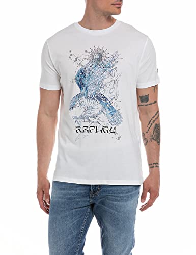 Replay T-shirt męski z krótkim rękawem z nadrukiem, 001 White, M