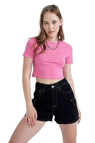 DeFacto Damska koszulka Crop Tops – klasyczna koszulka basic dla kobiet – wygodna koszulka dla kobiet, Rosa, M