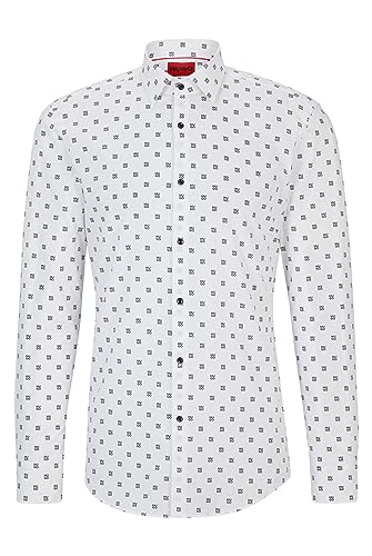 HUGO Kenno koszula męska z nadrukiem Slim-Fit z bawełnianego płótna, Open White199., 42