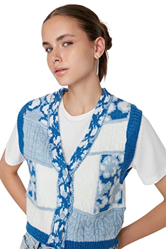 Trendyol Damska kamizelka z dekoltem w serek z nadrukiem Batik, niebieska, S, NIEBIESKI, S