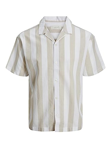Bestseller AS Męska koszula JPRSUMMER lniana w paski S/S LN koszula, biała pepper/paski: luźny krój, XXL, Biały pieprz/paski: luźny krój, XXL