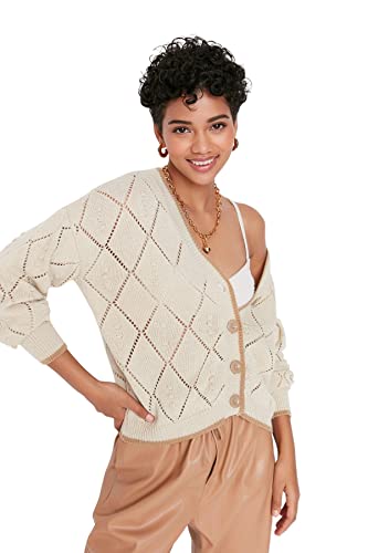 Trendyol Damski regularny kardigan z dzianiny z dekoltem w serek, KAMIEŃ, S