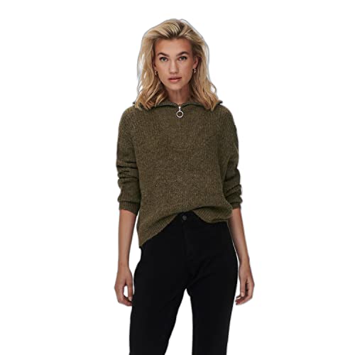 ONLY Damski sweter Onlbaker L/S z zamkiem błyskawicznym KNT, Kakaowy brąz/szczegół: melanż, XL