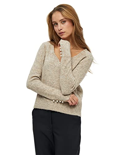 Peppercorn Damski sweter z dekoltem w serek 3 V, ciepły piaskowy melanż, XL