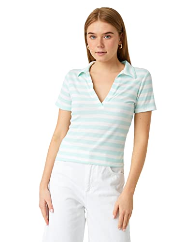 Koton Damska koszulka z dekoltem w serek z krótkim rękawem w paski, Blue Stripe (01K), S