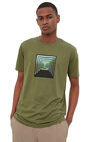 Trendyol Męski t-shirt z okrągłym rękawem z motywem khaki, bardzo duży