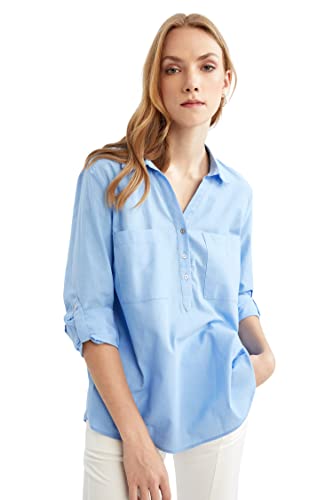 DeFacto Koszula damska z tkaniny bawełnianej z długimi rękawami, niebieski, L