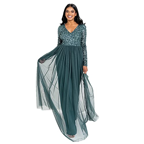 Maya Deluxe Womens Dress Sleeve For Wedding Guest V Neck High Empire Waist Maxi Long Length Evening Bridesmaid Prom Sukienka damska, Szmaragdowy Zielony, 18