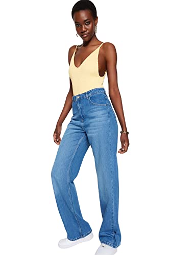 Trendyol Damskie spodnie jeansowe z wysokim stanem i szeroką nogawką, Ciemnoniebieski, 64