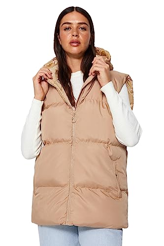 Trendyol Damska kamizelka puchowa oversize z kapturem, beżowa, M, BEŻOWY, M