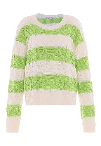 myMo Damski sweter z dzianiny Wełnowobiały limonkowy M/L, Wełna biała, limonka, M